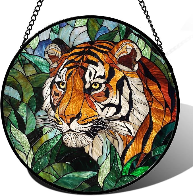 AMDERVEN Stained Glass Window Hanging, Fierce Tiger Sun Catcher for Door Home Decor Wild Animals Suncatcher Christmas Mother's Day Birthday Gifts for Women Men Mom and Nana 15 in