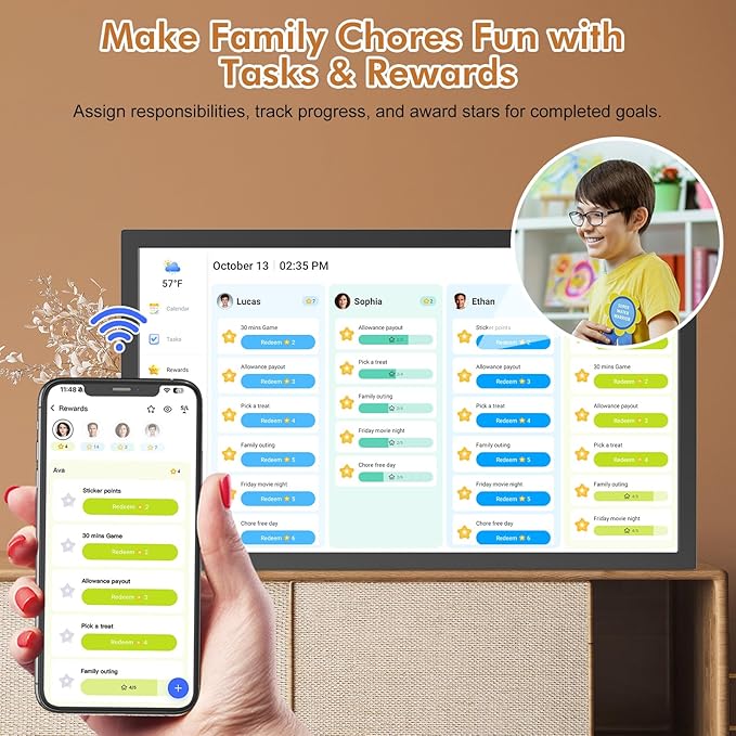 Smart Digital Calendar Chore Chart-for-Family-Planner - 32" Touchscreen Electronic Calendar with Photo Display and Interactive Star System, To do Notepad and Sync Online Calendar via APP, Wall Mounted