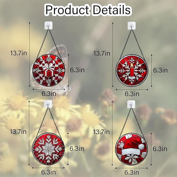 DASTOLL Stained Glass Window Hanging 4 Pcs Set Red Christmas Decorations Theme 6.3" - Suncatcher Door Garden Sun Catcher Decor Birthday for Mom Woman Nana Men Friend Wife