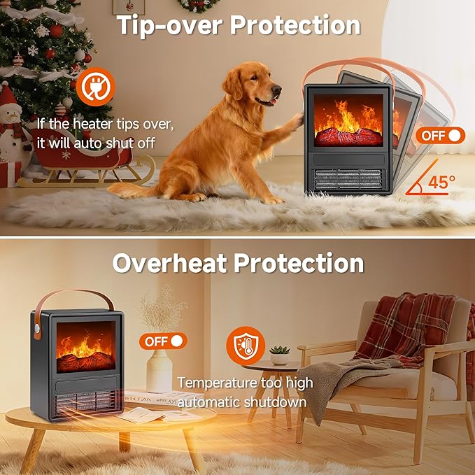FLAME&SHADE Portable Electric Fireplace Heater for Indoor Use, Fire Place Heaters with 3D LED Flame Overheat & Tilt Protection, Space Heater Small Fireplace for Home Office Christmas Decoration, Black
