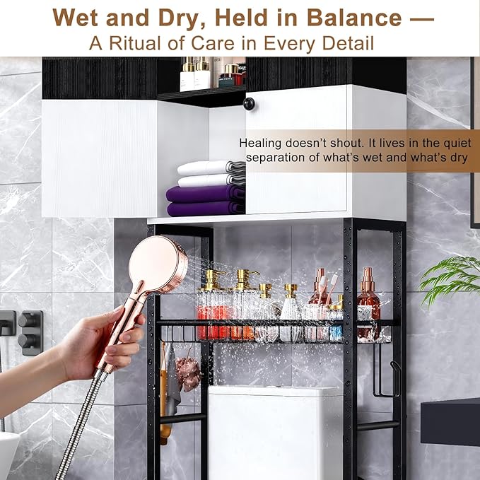 Over the Toilet Storage Cabinet - Freestanding Bathroom Organizer Shelf with Doors, Black & White Over the Toilet Shelves that Separates Wet and Dry Areas, Privacy Protection Above Toilet Storage Rack