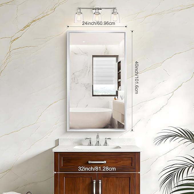 40x24 Silver Bathroom Mirror, Brushed Silver Rectangular Mirror for Wall, 0.6" Thickened Deep Frame Mirrors for Bathroom Sink, Shatterproof Tempered Glass, Antirust, Horizontally or Vertically