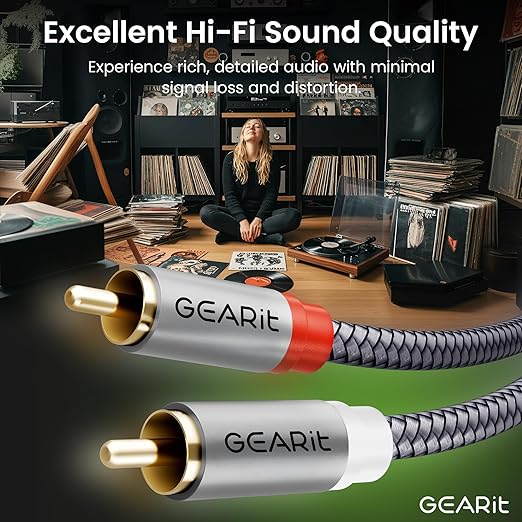 GEARit RCA Cable (1FT) 2RCA Male to 2RCA Male Stereo Audio Cables Shielded Braided RCA Stereo Cable for Home Theater, HDTV, Amplifiers, Hi-Fi Systems, Car Audio, Speakers, 1 Feet