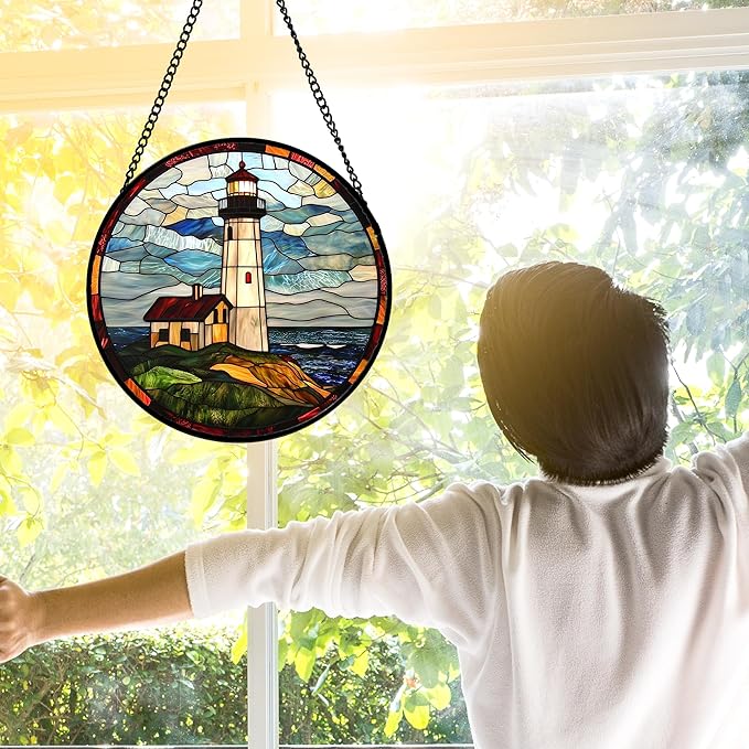 DASTOLL Stained Glass Window Hanging, Ocean Lighthouse Sun Catchers Glass Panel Blue Green Suncatcher Decor for Birthday for Women, Men, Wife, Aunt, and Mom 9.8 in
