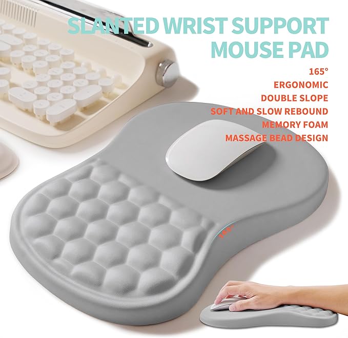 KUOSGM 2-in-1 Ergonomic Set, Wave Rise Keyboard Wrist Rest and Massage Bulge Slope Mouse Pad Wrist Support, Cushion Memory Foam Integrated to Relieve Wrist Pain, Silver Gray