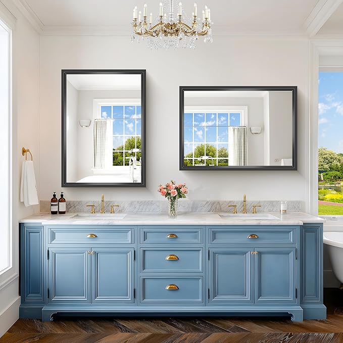 Bathroom Mirror, 42 x 30 Inch Brushed Black Rectangle Mirror, 0.6" Thickened Deep Frame Vanity Mirrors for Bathroom Sink, Shatterproof Tempered Glass, Antirust, Horizontally or Vertically