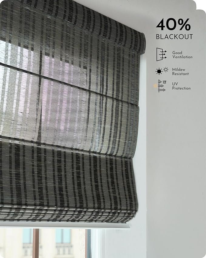 Graywind Smart Natural Roman Shades Compatible with Alexa Google Rechargeable Light Filtering Motorized Blinds with Remote Plain Fold for Doors Bedroom, Custom Size (Striped Taupe)