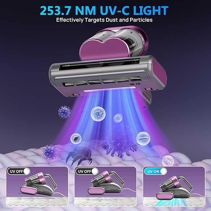 Beroya Mattress Vacuum Cleaner UVC 253.7nm Light with 16Kpa Strong Suction, 145°F Heat, Ultrasonic, HEPA Filter, Versatile Bed, Pillow and Couch Vacuum Cleaner (16.4ft Corded, 500W)