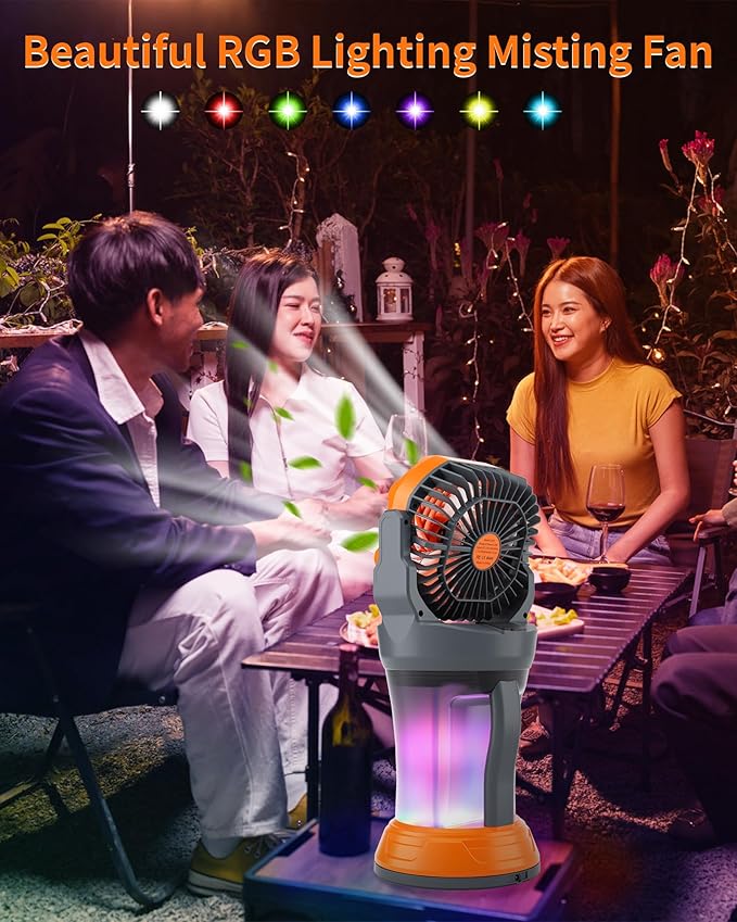 WESTTREE Portable Misting Fan with Larger Battery Fan-Rechargeable Outdoor Misting Cooling Fans with 2L Water Tank,RGB Lights,4 Speeds & Spray Modes-for Patio, Camping, Beach, Workshop (Gray-Orange)