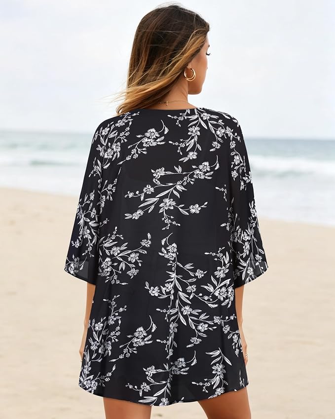 Women's Floral Print Puff Sleeve Kimono Cardigan Loose Cover Up Casual Blouse - Image 6