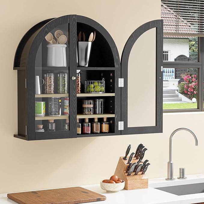 HOACT Arch Bathroom Wall Cabinet with Glass Door, 23.6" Above Toilet Storage Cabinet with Adjustable Shelves, Natural Medicine Cabinet for Kitchen, Laundry Room, Bedroom, Black