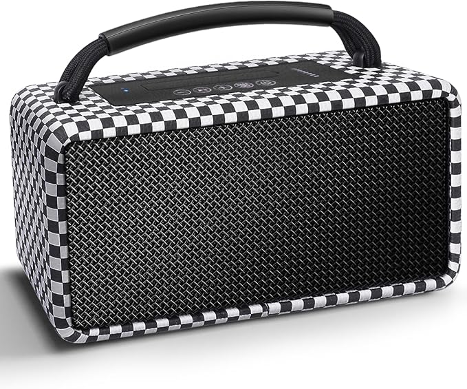 DINDIN Portable Bluetooth Speaker: 80W (Peak), 20H Playtime, Loud Wireless Wood Speakers with Bass, AUX and USB Input, Subwoofer, TWS Pairing, Vintage Speaker for Outdoor, Home, Office (White+Black)