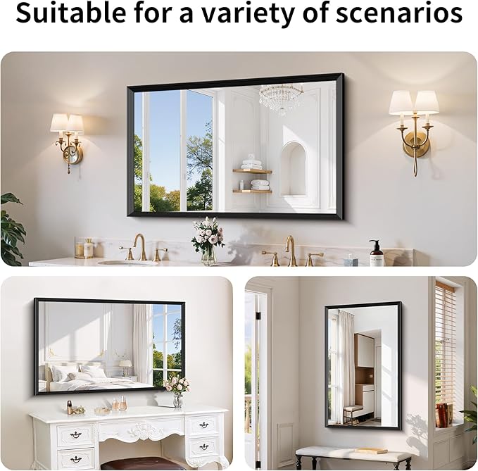 Black Bathroom Mirror 30 x 50 Inch Rectangle Wave Beveled for Wall Bathroom Vanity Mirror for Over Sink, Tempered Glass,for Entryway Hangs, Bathroom Living Room Horizontal or Vertical