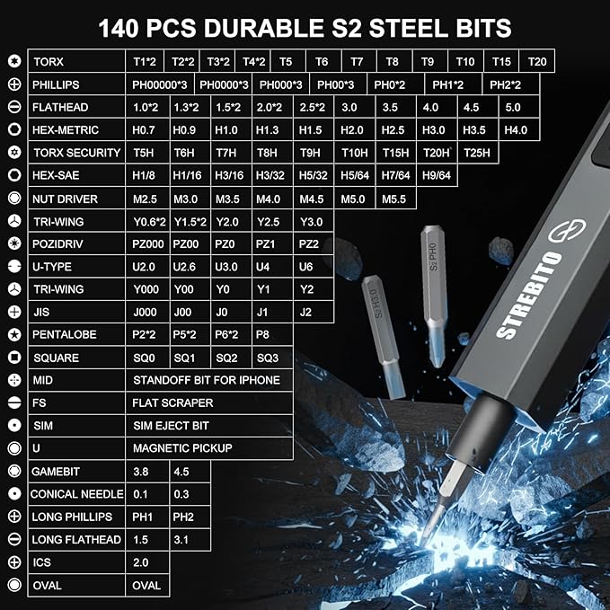 STREBITO Electric Screwdriver Upgraded 155 in 1 Mini Electric Cordless Screwdriver, 140 S2 Steel Magnetic Bits, 5 Torque Settings, Electronics Repair Tool Kit for Computer, Phone, Gaming, RC, Camera