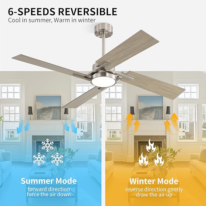 WINGBO 72 Inch Ceiling Fan with Light and Remote, 4 Plywood Blades, 6-Speed Reversible DC Motor, Dimmable, 3CCT, Farmhouse Ceiling Fan for Bedroom Living Room Kitchen, Brushed Nickel and Gray