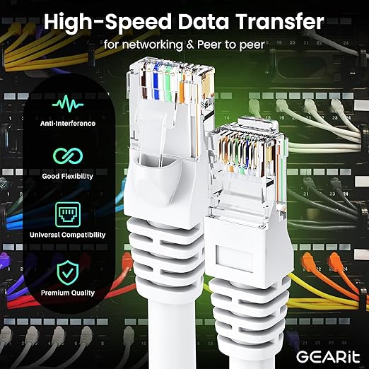 GEARit Cat 6 Ethernet Cable (100-Pack 0.5 Feet) Cat6 Network Patch, 10Gbps, RJ45, Snagless Cord, Gold-Plated Connectors, Internet for PC, TV, Tablet, Router, Printer, Servers, IT Data Center - White