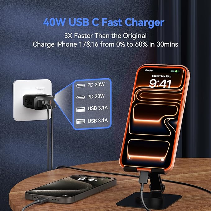 USB C Wall Fast Charger Block, 40W 4-Port Type C Chargers Fast Charging Blocks PD Power Charger Adapter+QC 3.0 USB Multiport Charger Brick for Phone 17/16/15/14/13/12 Pro Max, i-Pad, Galaxy S25-2Pack
