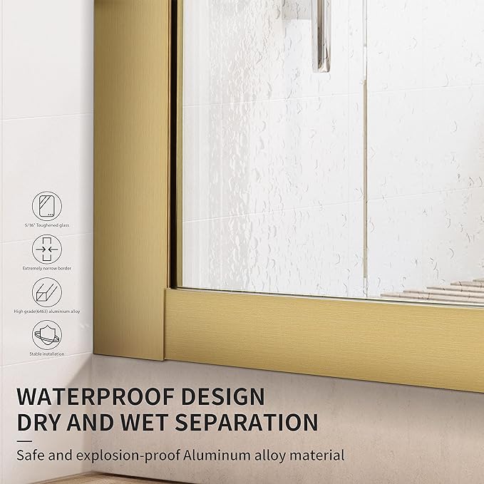 Bathroom Fixed Glass Shower Wall Panels, 34 in W x 74 in H Framed Tempered Shower Glass Panel for Open Walk-in Bathroom and Bathtub, Clear Glass Shower Panel with Matte Brushed Gold Finish