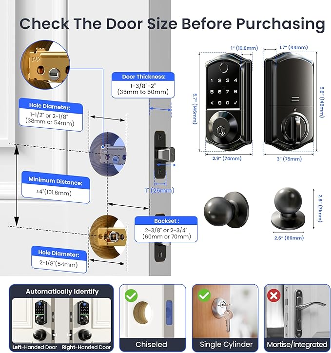 Veise VE017-K Fingerprint Smart Lock with 2 Knobs, App Control, Keyless Entry Front Door Lock with Handle Set, Electronic Digital Touchscreen Keypad Deadbolt, IP55 Waterproof, Auto-Lock, Matte Black
