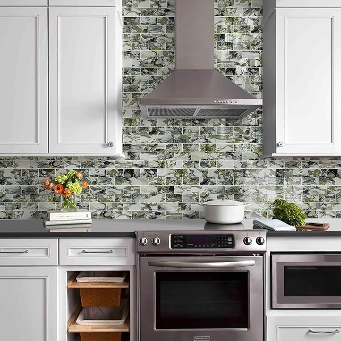 Vamos Tile 100-Piece Glossy Ice Green Peel and Stick Backsplash Tile,3''x6'' PVC Subway Tile with White Grout,Stick on Backsplash for Kitchen/Bathroom/Fireplace