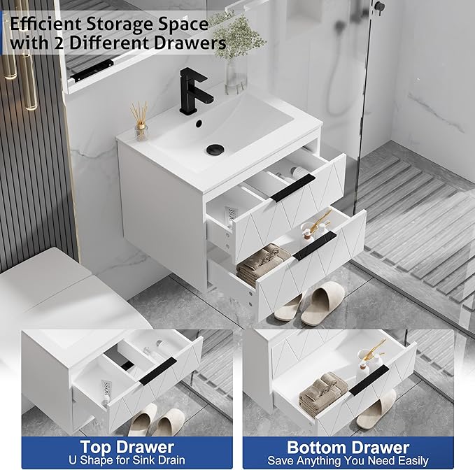eclife 24" Bathroom Vanities Cabinet with Sink Combo, Wall Mounted Floating Cabinet W/Decor Line, Soft-Close System, 2 Extra Big Drawers, Matte Black Faucet, White