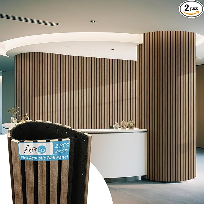 Art3d 2-Pack Acoustic Wood Slat Wall Panel with Roll-Flat Design - 95.3 x 23.8 Inch Sound Absorbing Panels for Living Room Columns Corridor Curved Wall Decor, Ebony
