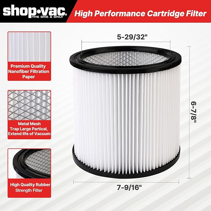 Shop-Vac 90304 Cartridge Filter and 90585 Foam Sleeve Filter, for Most Shop-Vac Wet/Dry Vacuum Cleaners 5 Gallon and Above, Brush Tool Included, Replace Parts # 9058500,9030400,9034400, 3 Pieces