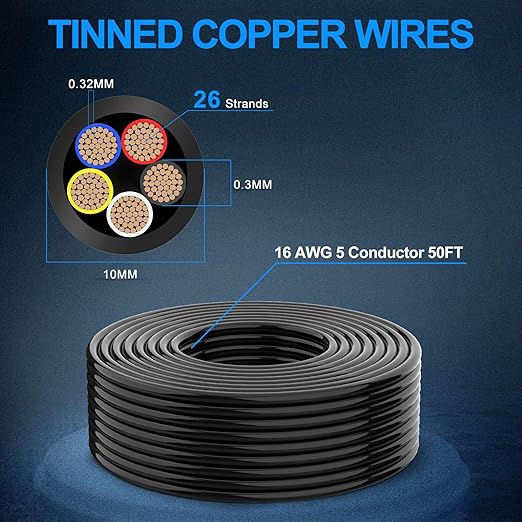 NAOEVO 16 Gauge Wire 5 Conductor Electrical Wire, 16 AWG Stranded PVC Cord, 12V Low Voltage/Tinned Copper/Flexible Cable for Automotive Wiring, Lamp Cord, Marine Cable (50FT)
