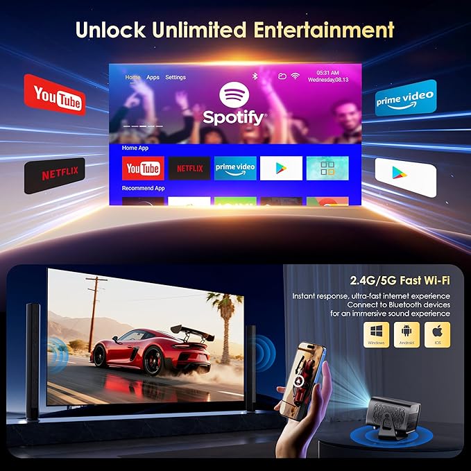 ZENTALITY Projector with WiFi and Bluetooth, Electric Focus & Vertical Keystone, 1080P HD 4K Support, Smart Projector with Built-in Streaming Apps, Portable Projector for Outdoor & Home Movie