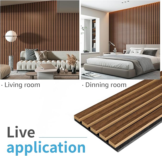 Art3d 4-Pack 94.5 x 7.9 inch Acoustic Wood Slat Wall Panels for Interior Decor, 3D Fluted Sound Absorbing Wood Paneling for Accent Wall Ceiling Kitchen Living Room Bedroom Office, Dark Walnut