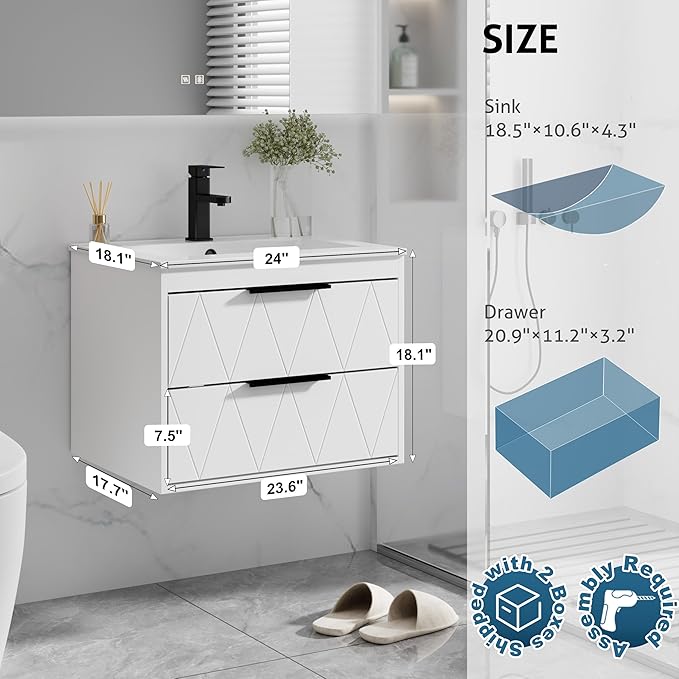 eclife 24" Bathroom Vanities Cabinet with Sink Combo, Wall Mounted Floating Cabinet W/Decor Line, Soft-Close System, 2 Extra Big Drawers, Matte Black Faucet, White