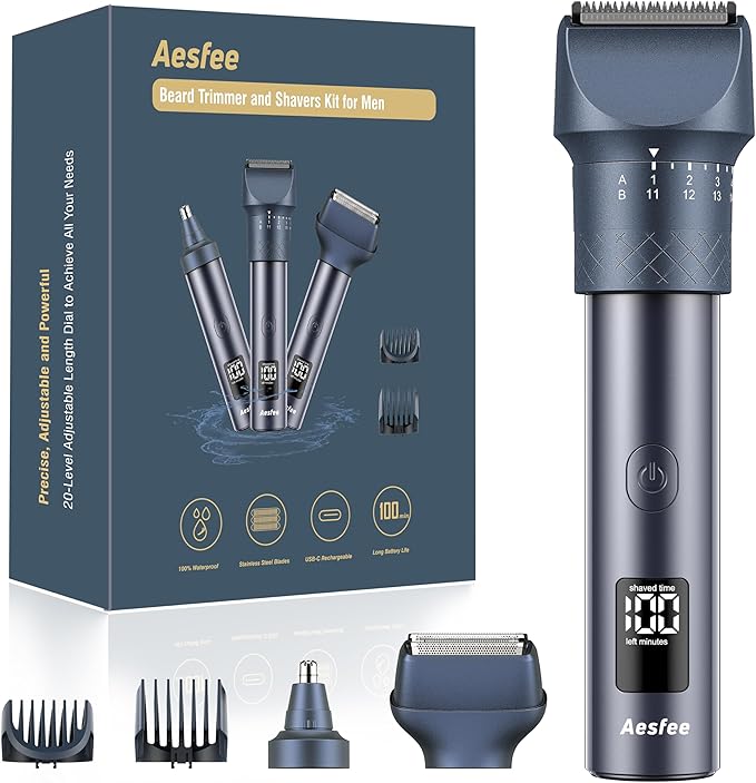 Beard Trimmer and Clippers Set for Men with Foil Shavers, Precise Dial Adjustable 20 Settings, Professional 3-IN-1 Mens Grooming Kit with Nose Trimmer IPX7 Waterproof Wet and Dry, USB-C Rechargeable