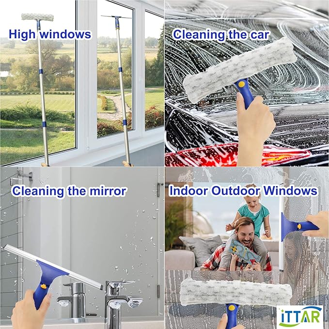 ITTAR Rotatable Window Cleaning Kit, Window Cleaner Squeegee with 60" Extension Pole, Rubber Squeegee & 2 Microfiber Scrubber Combo, Window Washing Equipment for Cleaning Shower, Windows, Car Glass