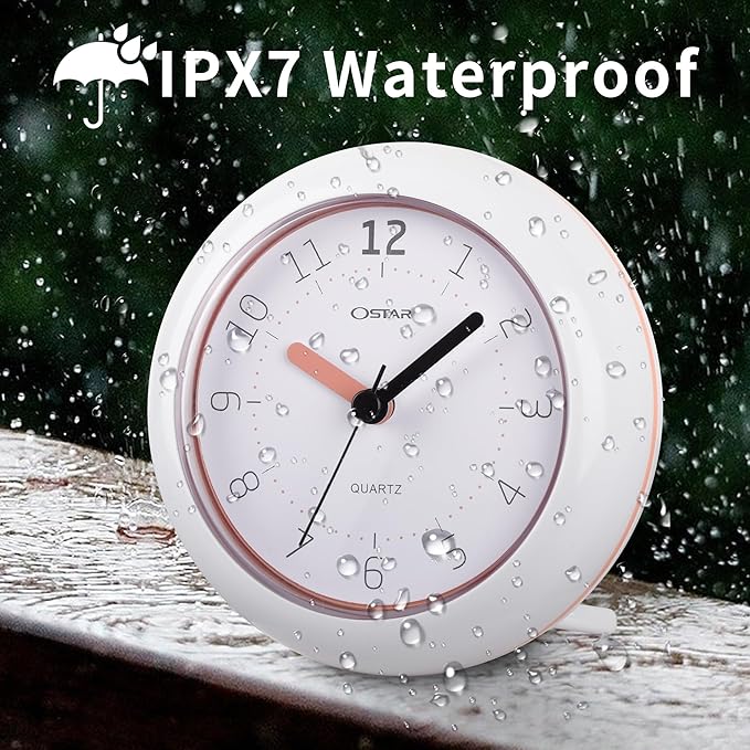 OSTAR Waterproof Bathroom Shower Clock, Analog Quartz Clock Hanging Stand Dual Purpose, One AA Battery Operated 4.72 inch Round Size