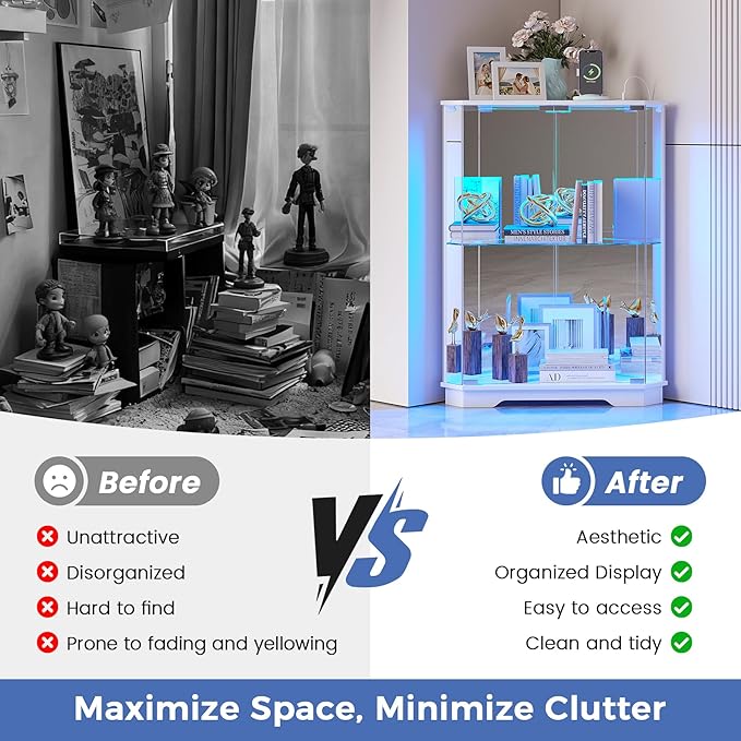 Dystler Corner Display Cabinet with Glass Doors, Small Display Case with 3-Color LED Lights and Charging Station, 2-Tier Curio Cabinet with Storage and Shelf, White