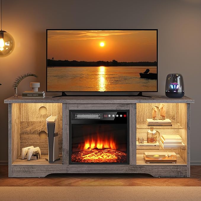 VITESSE 58 Inches Fireplace TV Stand for TVs up to 65 Inches Console with 18'' Electric Fireplace & Remote,Wooden Modern Entertainment Center for Living Room with LED Light Glass Shelves（Gray）