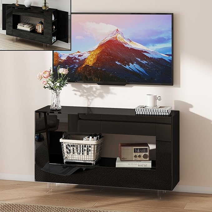Vavkorkula High Gloss TV Stand for 55 Inch with 2 Large Drawers & Hidden Storage Cabinets, Modern Entertainment Center Television Stands for Living Room Bedroom, Black