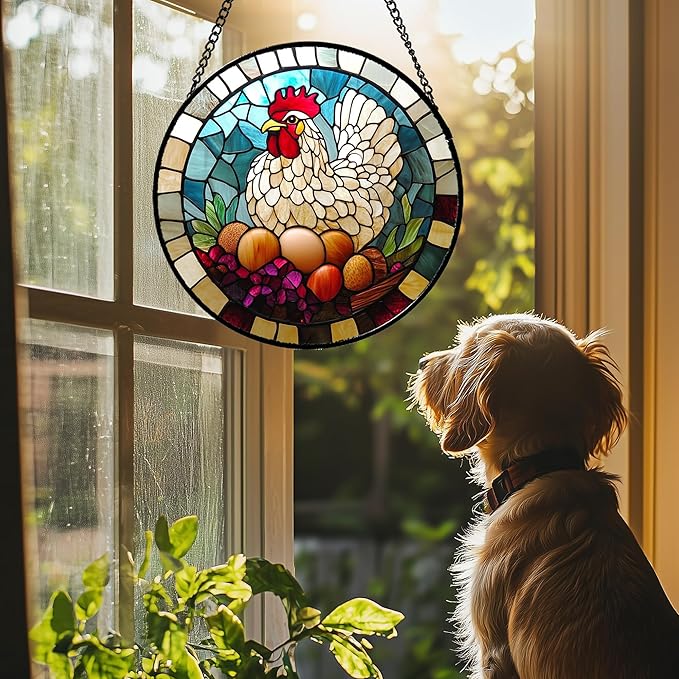 DASTOLL Stained Glass Window Hanging White Chicken Hatching Eggs Large 15" - Suncatcher Door Garden Sunroom Sun Catcher Home Decor Birthday Christmas for Mom Men Woman Nana