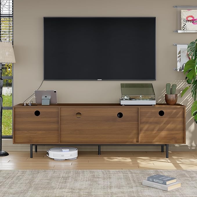 WODNITURE 71inch TV Stand with Storage & 2 Drawers, Mid-Century Modern TV Stand for Tvs Up to 88", Wood Entertainment Center with Charging Station for Living Room, Bedroom