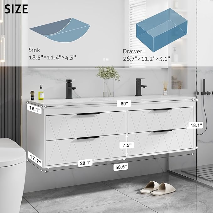eclife 60" Bathroom Vanities Cabinet with Sink Combo, Wall Mounted Floating Cabinet W/Decor Line, Soft-Close System, 4 Extra Big Drawers, Matte Black Faucet, White