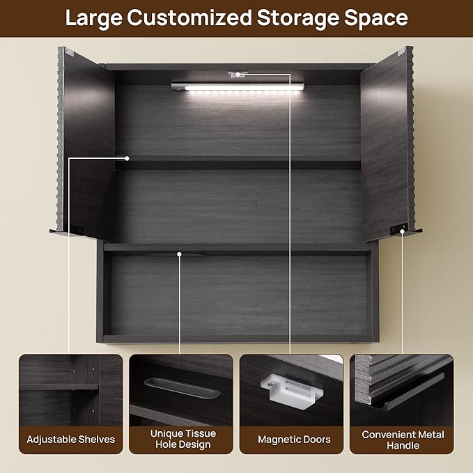 Wall Mounted Bathroom Cabinet with Motion Sensor LED Light & Tissue Dispenser, Modern Black Medicine Cabinet Over Toilet with Fluted Door, Adjustable Shelf for Skincare & Makeup Storage