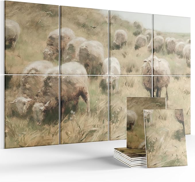 Wall Art Acoustic Panels,70''×47''Sound Absorbing Panels-8-Pack with 60 Adhesive Tabs, Decorative Sound Absorbing Panels for Living Room and Recording Studio, Offices-Hillside sheep