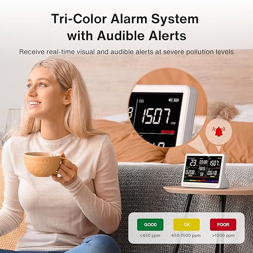 16 in 1 Air Quality Monitor Indoor 7" Display 9 AQI+7 AQI Alerts, CO2 Monitor Air Quality Tester for CO2, TVOC, PM2.5 PM1.0 PM10, HCHO Temperature Humidity AQI & Time Air Quality Meter for Home