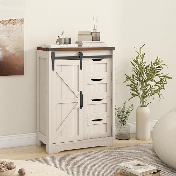 Farmhouse Bathroom Storage Cabinet, Bathroom Cabinet with 4 Drawers and Sliding Door, Farmhouse Floor Storage Organizer for Kitchen, Living Room, Rustic Style, White