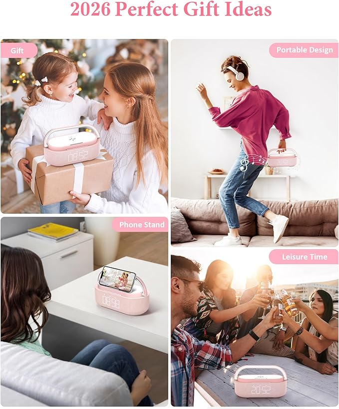 COLSUR Bluetooth Speaker Alarm Clock with Wireless Charger, FM Radio, Adjustable LED Night Light, 6 in 1 Bedroom Portable Speaker 2500mAh, Phone Stand for Bedside, Home, Office, Gift (Pink)