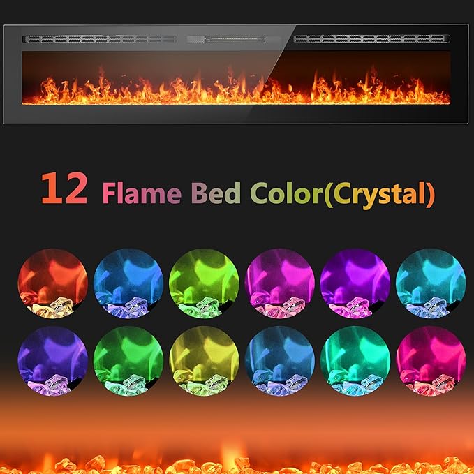 90 inch Ultra-Thin Electric Fireplace Recessed and Wall Mounted with Touch Screen Control Panel/Remote Control/App Control - Timer,Realistic 5 Flame - Crystal