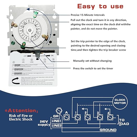 T104M Mechanical Time Switch,208-277 VAC 5HP 40A DPST Timer Switch,Versatile Scheduling,1-12 Cycles Per Day - Manual Override,Mechanism Only