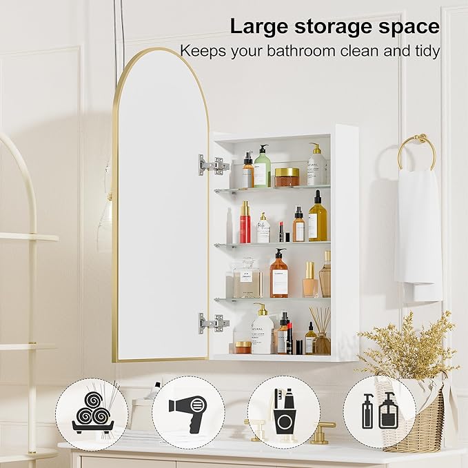 Arched Medicine Cabinet with Mirror,Brushed Gold Medicine Cabinet with Storage ,Gold Bathroom Vanity Mirror Cabinet ,Wall Mounted Only,Mirrored Medicine Cabinets for Bathroom, Laundry Room,16x32 Inch