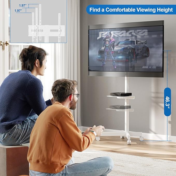 HOLMAXD Mobile TV Stand for 23-65 Inch LCD LED Flat/Curved Panel Screen TVs, Height Adjustable Rolling TV Stand with Tilt Mount and Shelf, Portable Stand Holds up to 110 lbs, Max VESA 400x400mm, White