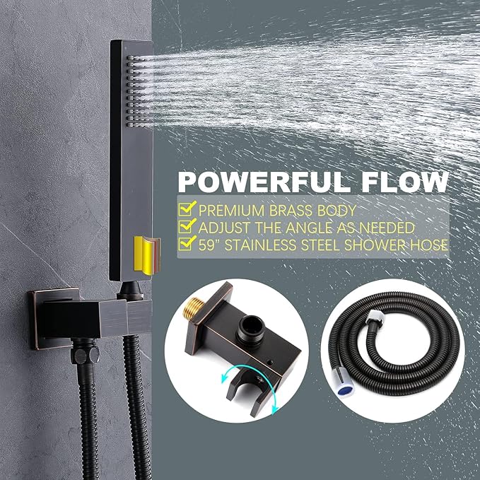 KATAIS Temperature Display Oil Rubbed Bronze Shower System, Push Button Shower Faucet with Handheld Spray, Ceiling Mount 12 Inch and 8 Inch Wall Mount Shower Head, 6 PCS Body Jet